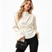 Blouse Femme en Mousseline de Polyester - Col Montant avec Manches Évasées et Plis
