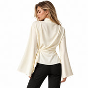 Blouse Femme en Mousseline de Polyester - Col Montant avec Manches Évasées et Plis