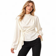 Blouse Femme en Mousseline de Polyester - Col Montant avec Manches Évasées et Plis