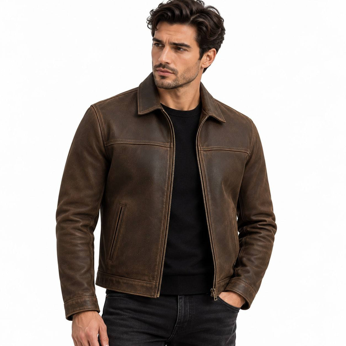 Blouson Biker Homme en Similicuir - Modèle Marron Zippé à Coupe Ajustée avec Poches et Doublure Douce