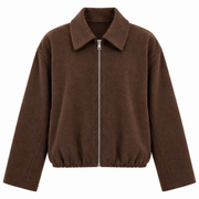 Veste Bomber Courte Aspect Velours pour Femme - Coupe Ample, Col Pointu, Zip Frontal et Bas Froncé