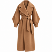 Manteau Maxi d'Hiver pour Femme - Double Boutonnage, Large Col à Revers, Taille Cintrée et Manches Bouffantes