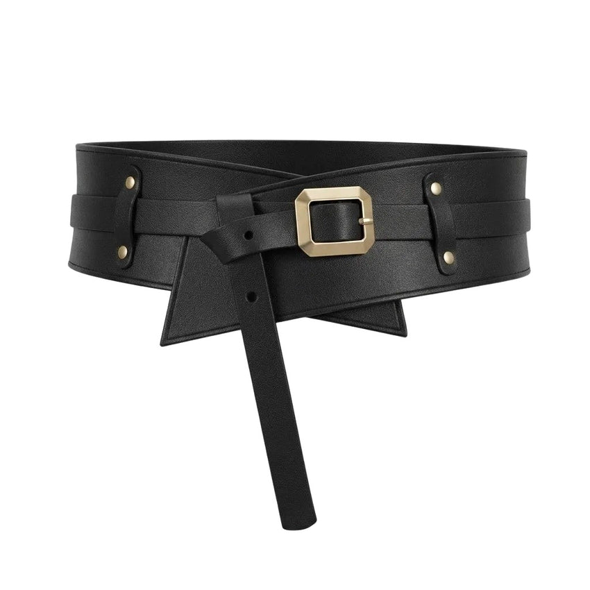 Ceinture de Taille Femme en Cuir Véritable - Sangle Noire Réglable avec Boucle Métallique Dorée