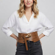 Ceinture de Taille Femme en Cuir Véritable - Sangle Noire Réglable avec Boucle Métallique Dorée