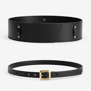 Ceinture de Taille Femme en Cuir Véritable - Sangle Noire Réglable avec Boucle Métallique Dorée