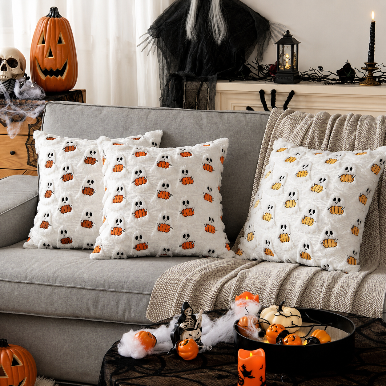 Housse de Coussin Halloween - Motif Fantôme & Citrouille en Polyester-Coton pour Canapé