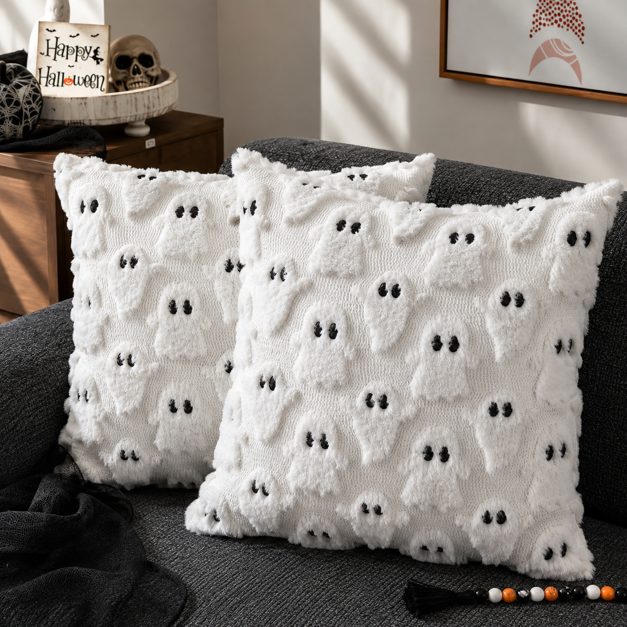 Housse de Coussin Halloween - Motif Fantôme & Citrouille en Polyester-Coton pour Canapé