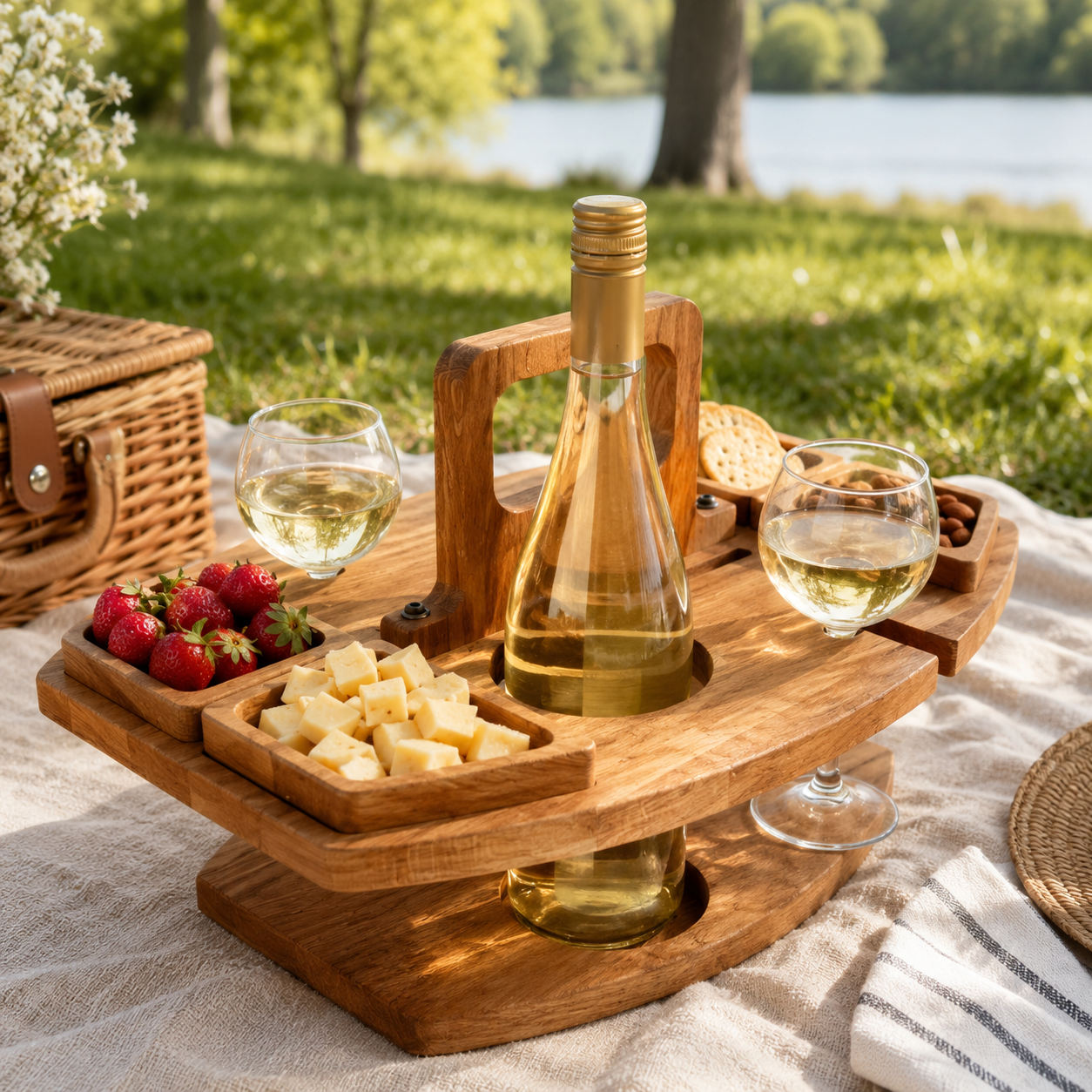 Table De Pique-Nique Portable En Bois - Amovible, Rangement Multi-Niveaux