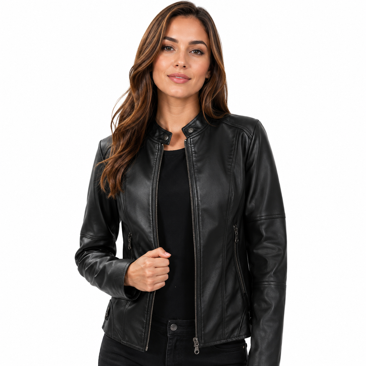 Veste Biker Femme en Cuir PU - Col Montant avec Fermeture Éclair et Doublure en Coton