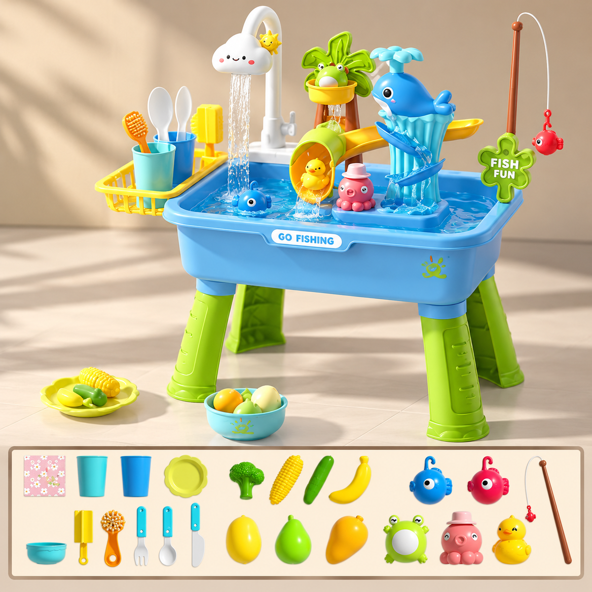 Jouet 2-en-1 avec Poissons Glissants - Rampe Interactive et Jeu de Pêche pour Enfants