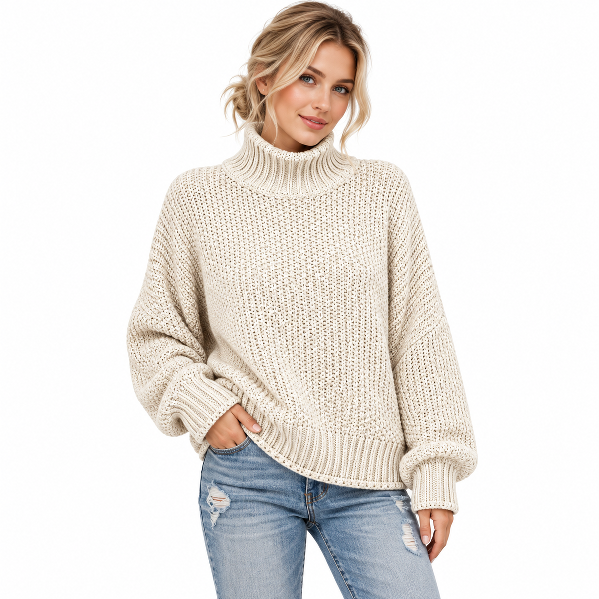 Pull Tricoté Femme à Col Roulé - Coupe Ample avec Manches Longues pour Superposition