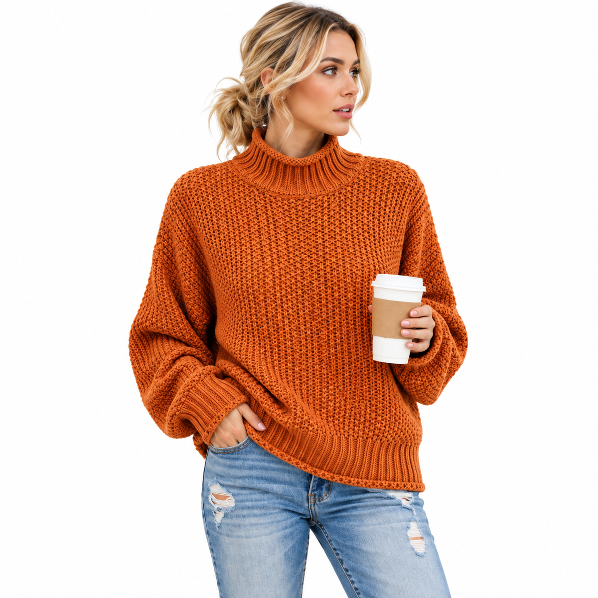 Pull Tricoté Femme à Col Roulé - Coupe Ample avec Manches Longues pour Superposition