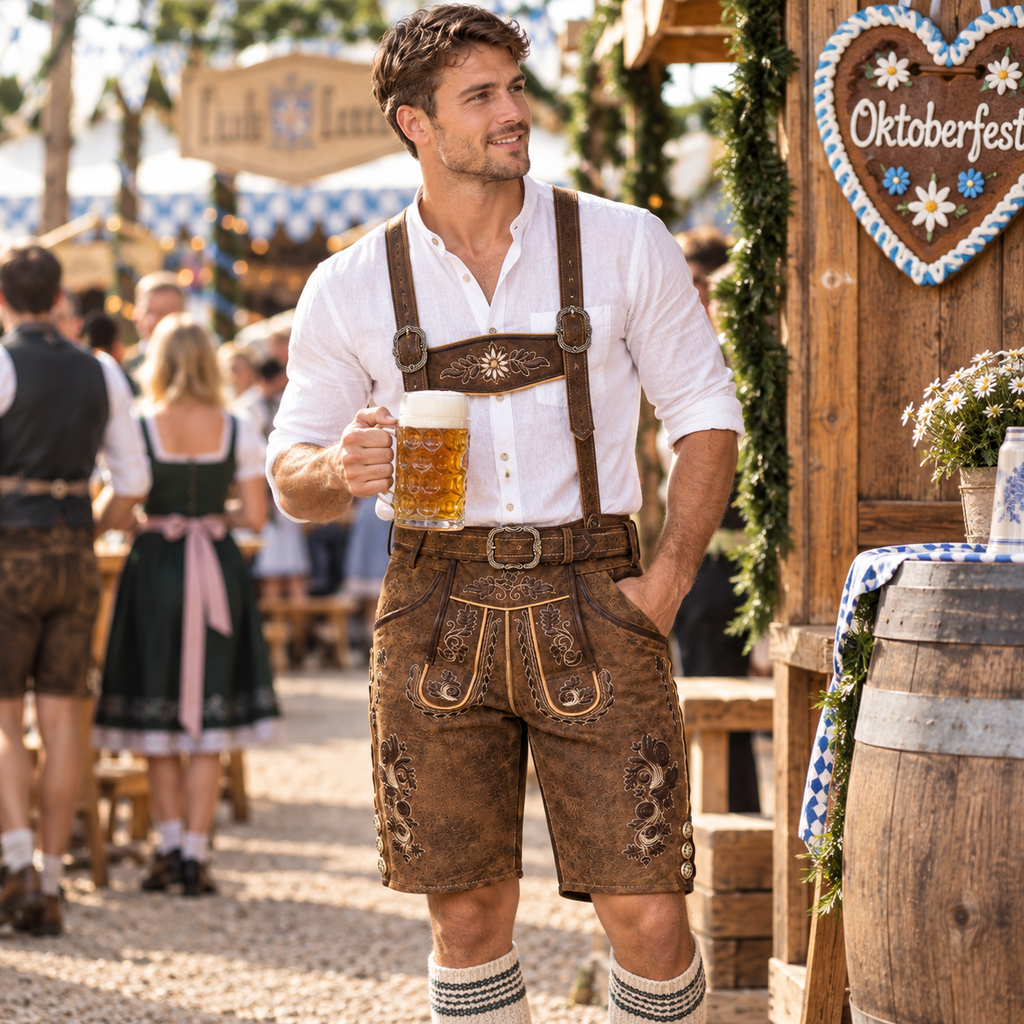 Pantalon Traditionnel Homme en Cuir Véritable - Design Bavarois avec Broderies