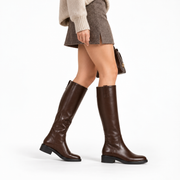 Bottes Montantes Femme - Cuir et PU avec Design Slip-On et Talon Bas