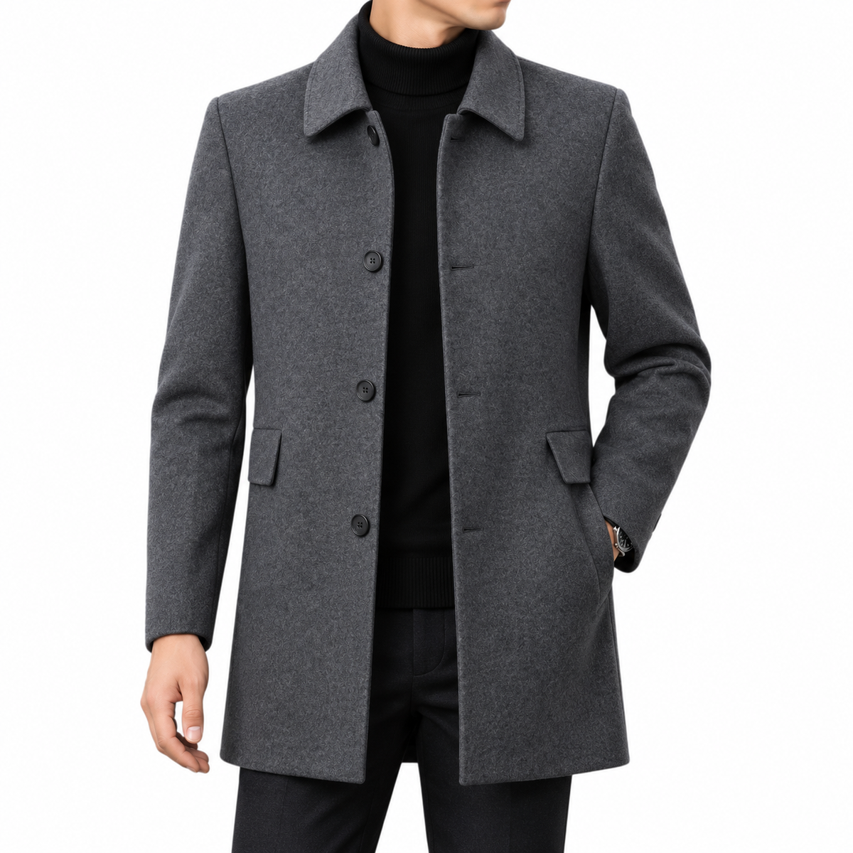 Manteau Homme en Laine - Coupe Classique avec Tissu Structuré, Boutons et Poches