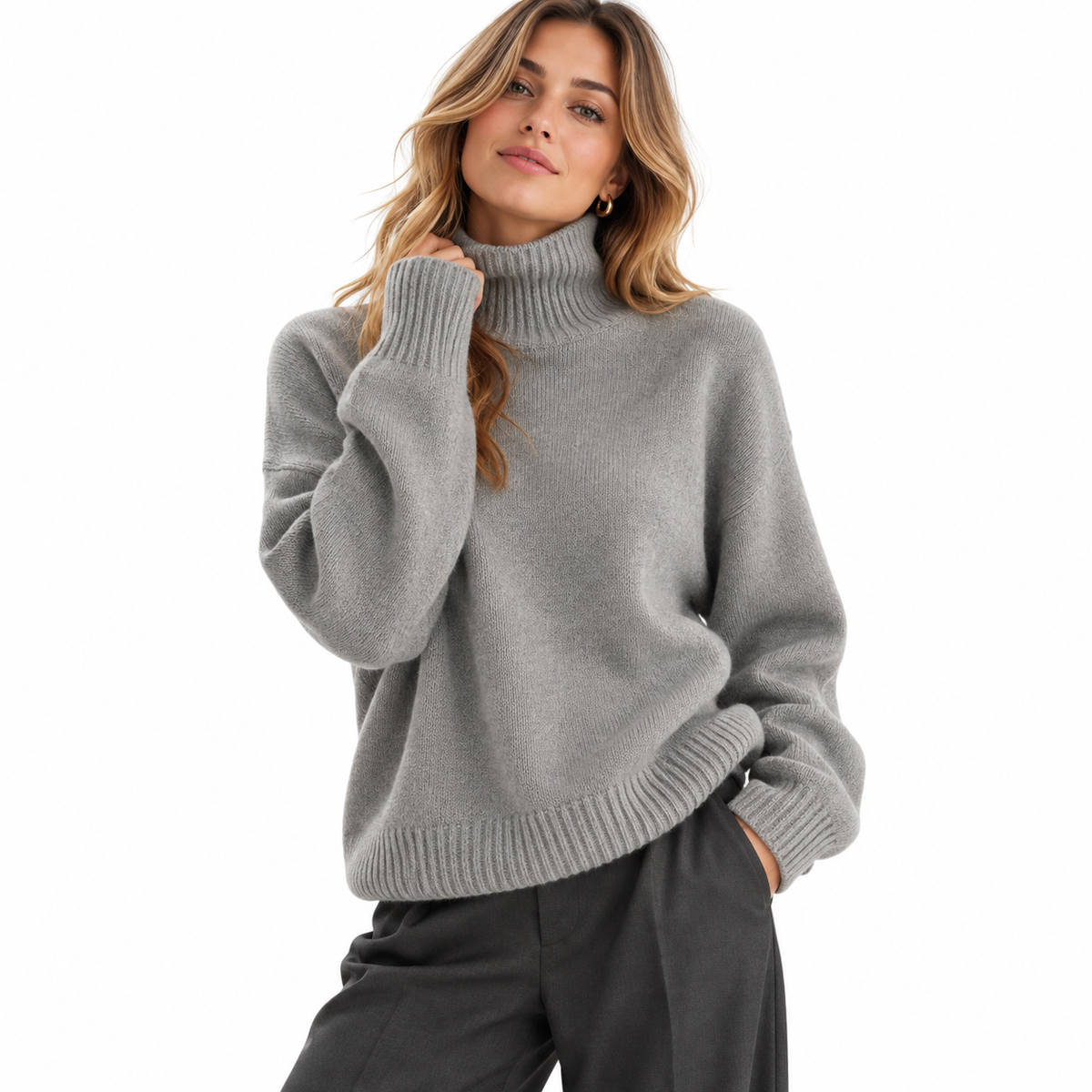 Pull en Laine Femme - Col Roulé avec Manches Longues et Détails Côtelés