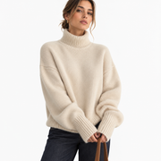 Pull en Laine Femme - Col Roulé avec Manches Longues et Détails Côtelés