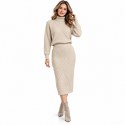 Ensemble Tricoté Femme en Mélange de Coton - Pull à Col Polo avec Pantalon Assorti