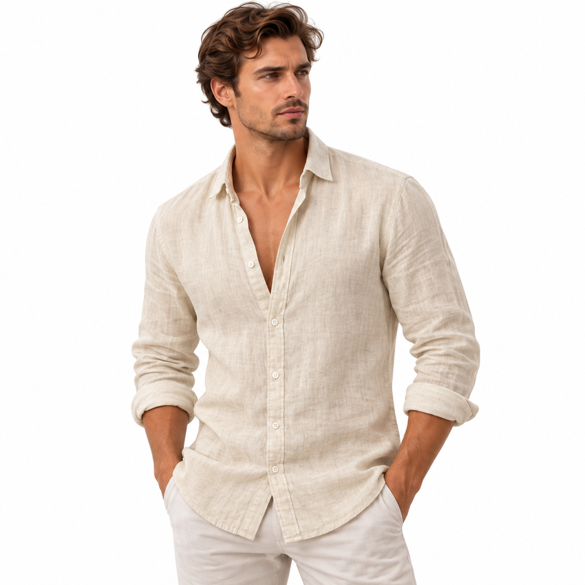 Chemise en Lin Homme - Col Ouvert avec Coupe Droite et Fermeture Boutonnée