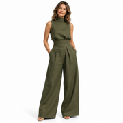 Ensemble Femme en Polyester - Haut Sans Manches à Col Montant avec Pantalon Ample