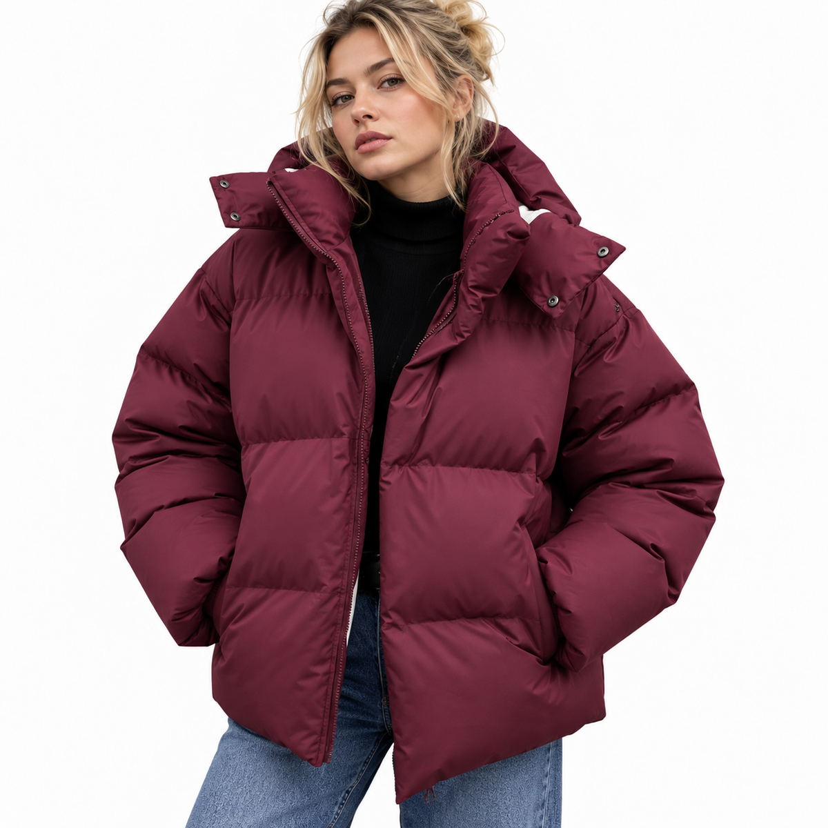 Veste Puffer Femme en Polyester - Design Matelassé avec Rembourrage Isolant et Col Haut