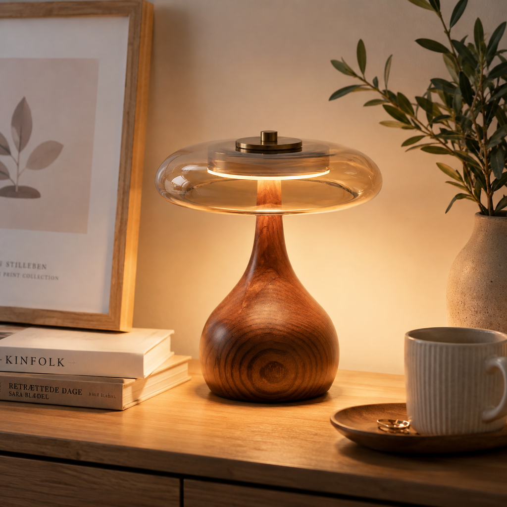 Lampe de Table en Métal et Verre - Éclairage LED avec Finition Effet Bois