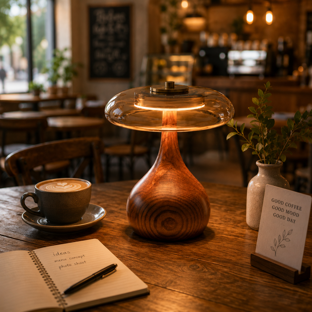 Lampe de Table en Métal et Verre - Éclairage LED avec Finition Effet Bois