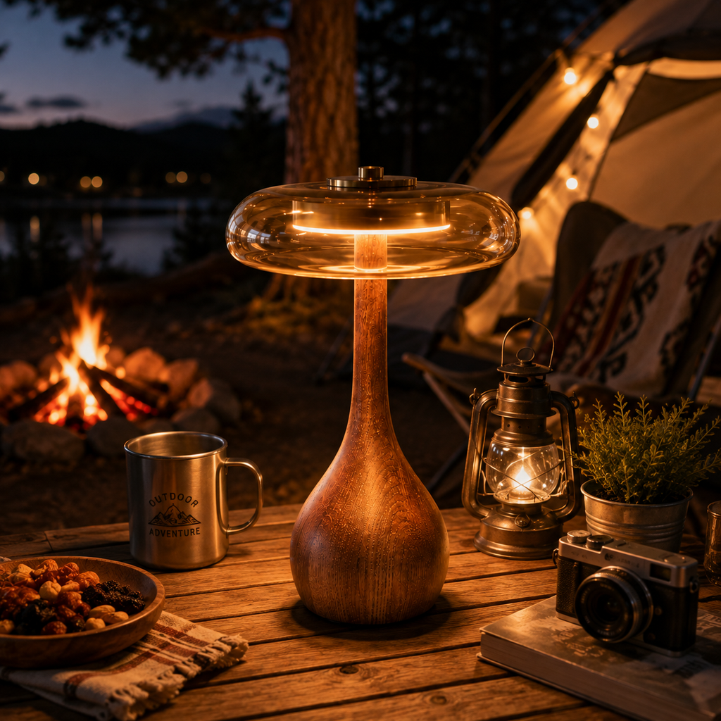 Lampe de Table en Métal et Verre - Éclairage LED avec Finition Effet Bois
