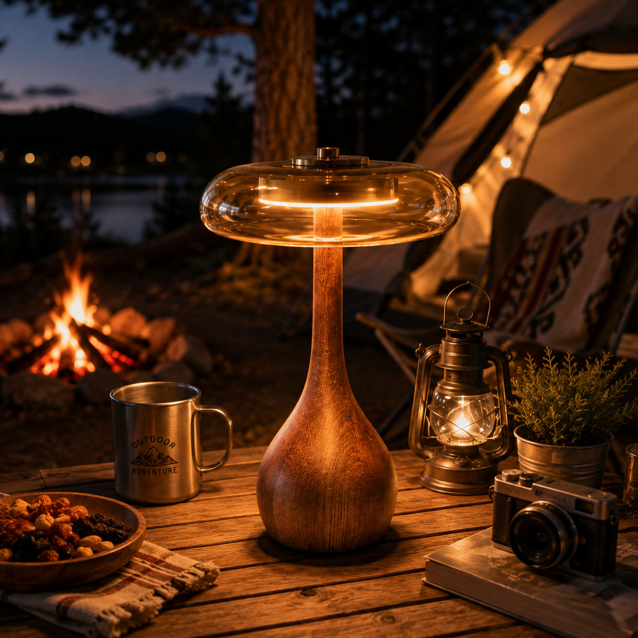 Lampe de Table en Métal et Verre - Éclairage LED avec Finition Effet Bois