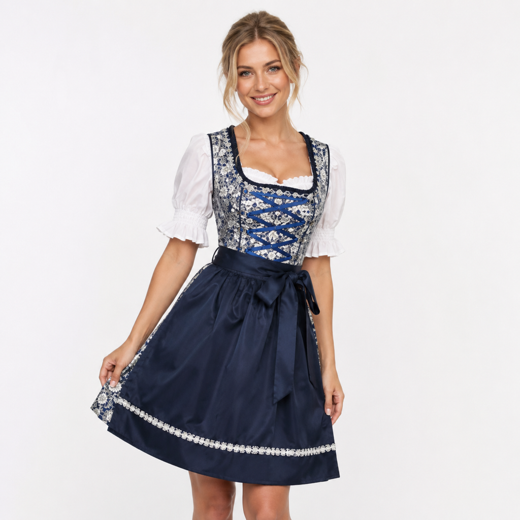 Robe Dirndl Femme en Mélange de Coton - Motif Floral Midi avec Tablier Assorti