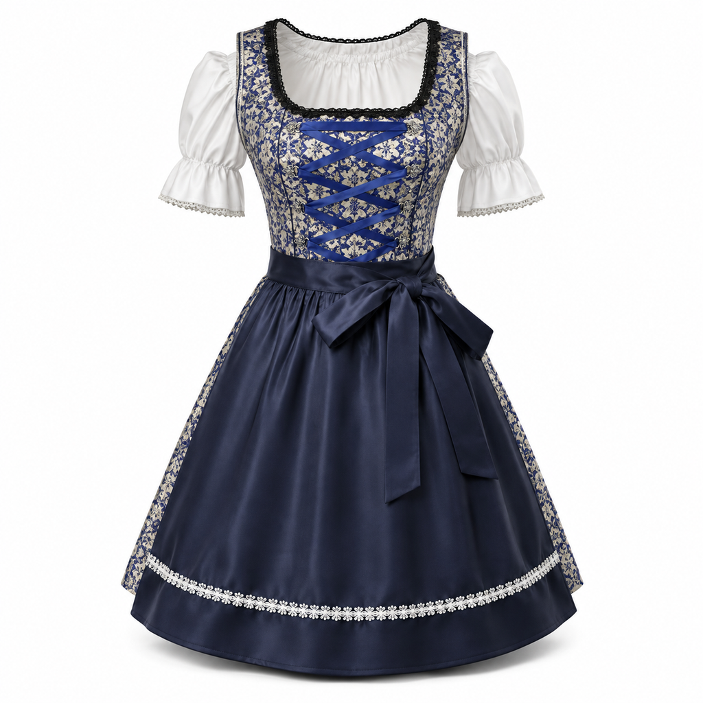 Robe Dirndl Femme en Mélange de Coton - Motif Floral Midi avec Tablier Assorti