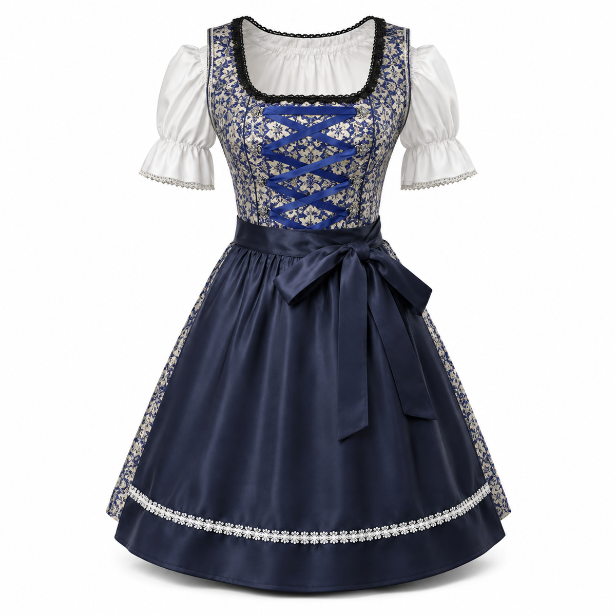 Robe Dirndl Femme en Mélange de Coton - Motif Floral Midi avec Tablier Assorti