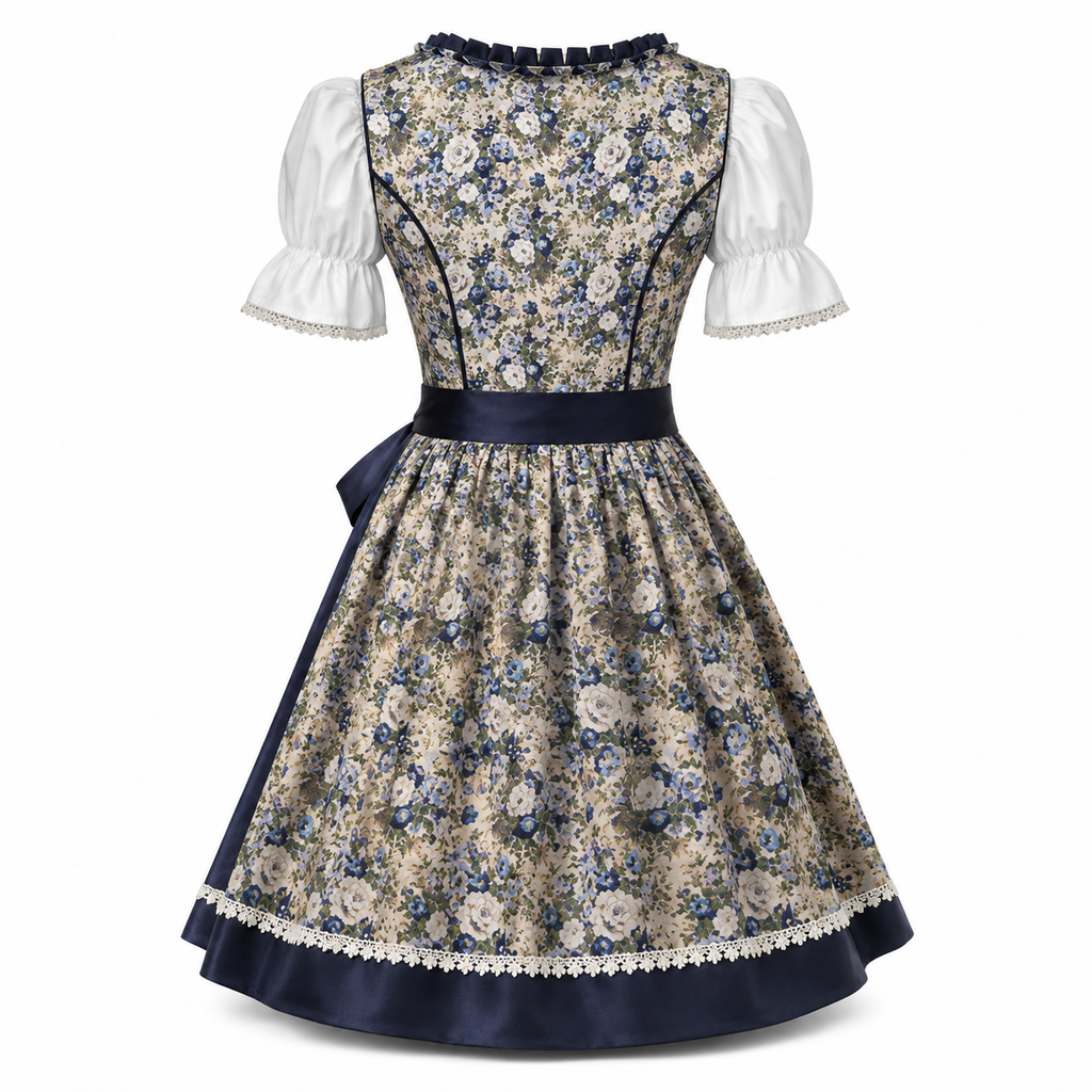 Robe Dirndl Femme en Mélange de Coton - Motif Floral Midi avec Tablier Assorti