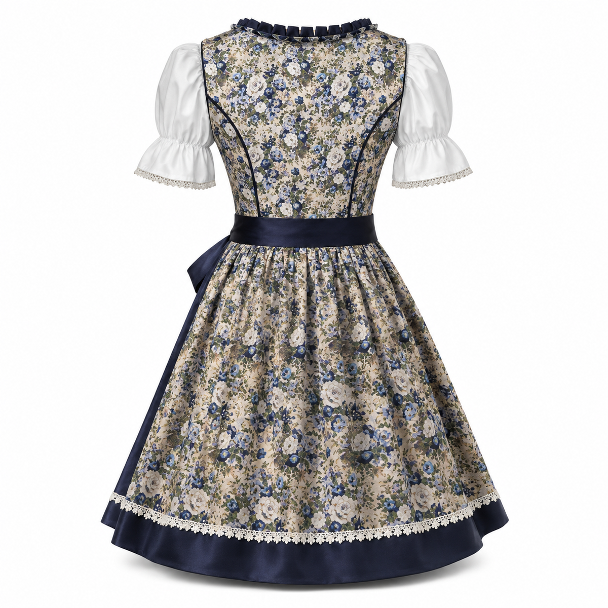 Robe Dirndl Femme en Mélange de Coton - Motif Floral Midi avec Tablier Assorti