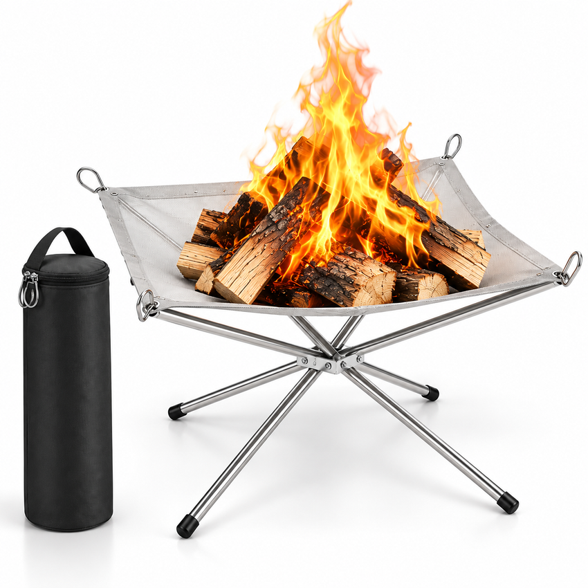 Support de Feu Pliable - Grille en Acier Inoxydable avec Hauteur Réglable et Sac de Transport