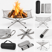 Support de Feu Pliable - Grille en Acier Inoxydable avec Hauteur Réglable et Sac de Transport