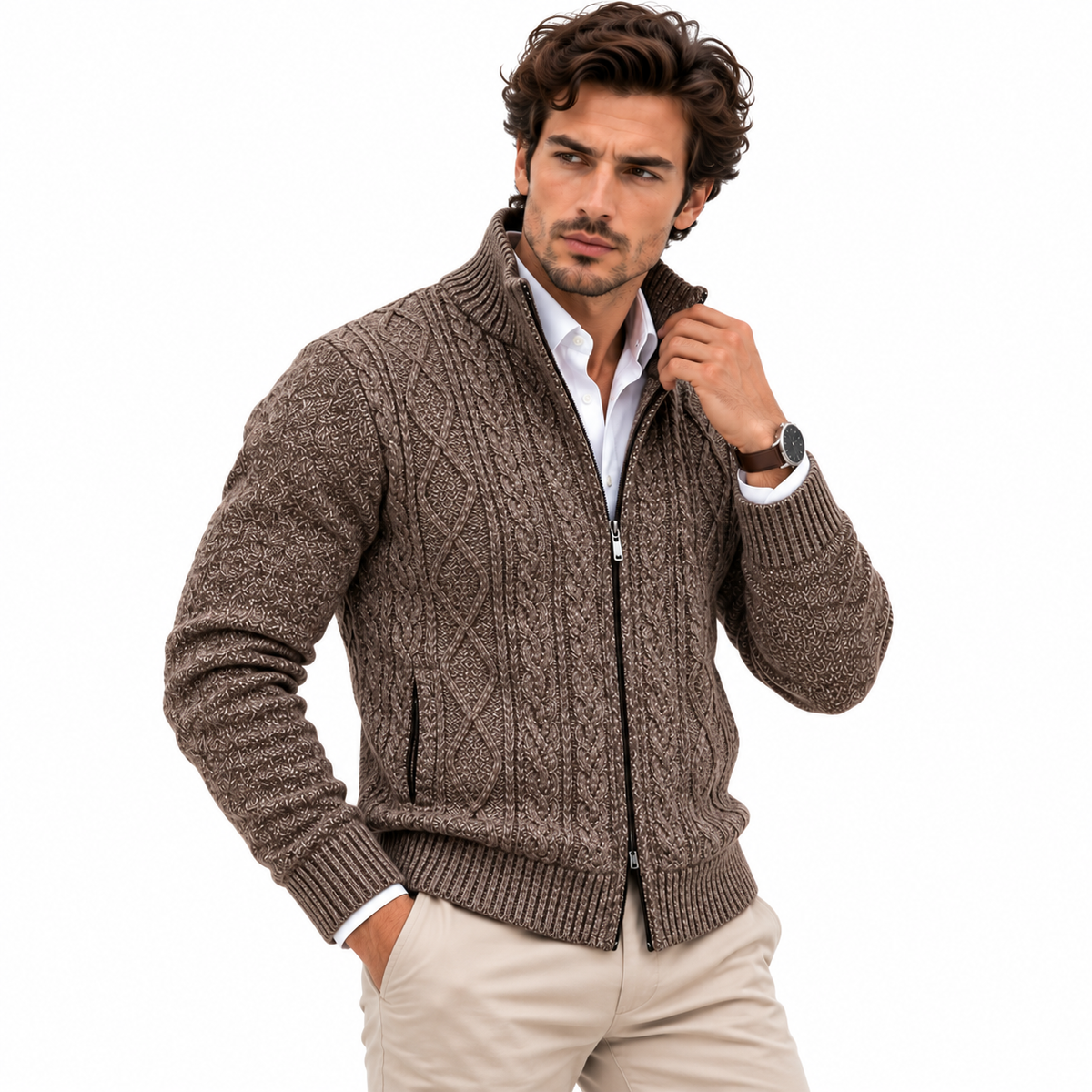 Cardigan Homme en Acrylique - Col Haut avec Fermeture Éclair Intégrale et Doublure