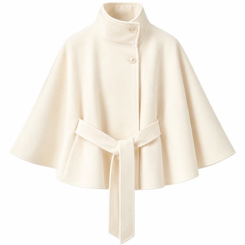 Cape-Manteau Femme en Mélange de Laine - Col Montant avec Ceinture à Nouer