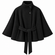 Cape-Manteau Femme en Mélange de Laine - Col Montant avec Ceinture à Nouer