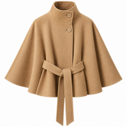 Cape-Manteau Femme en Mélange de Laine - Col Montant avec Ceinture à Nouer