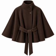 Cape-Manteau Femme en Mélange de Laine - Col Montant avec Ceinture à Nouer