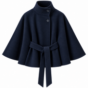 Cape-Manteau Femme en Mélange de Laine - Col Montant avec Ceinture à Nouer