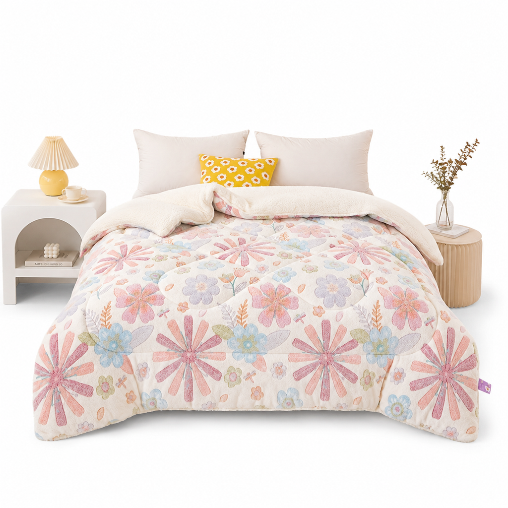 Couette d'Hiver en Fleece à Fleurs - Literie Matelassée en Polyester pour Automne et Hiver