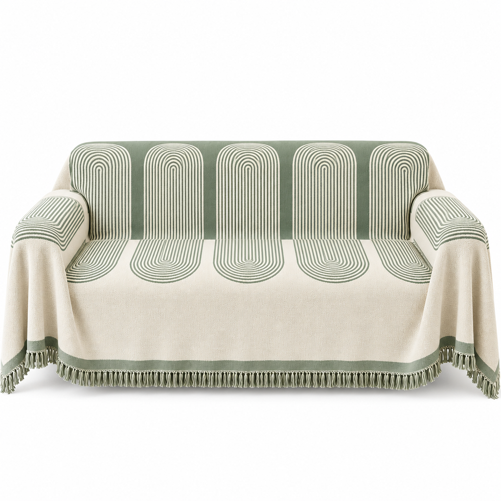 Couverture Tricotée Abstraite - Motif Géométrique en Coton et Polyester avec Franges
