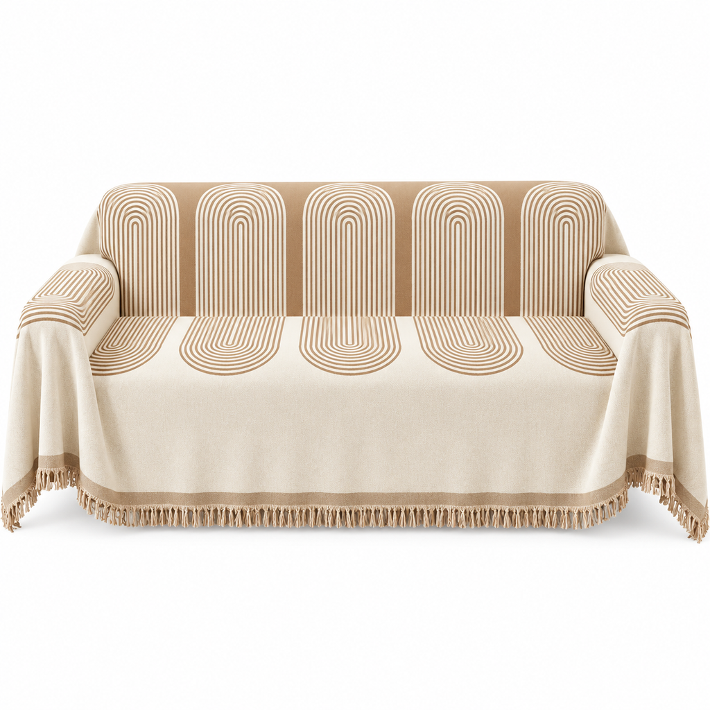 Couverture Tricotée Abstraite - Motif Géométrique en Coton et Polyester avec Franges