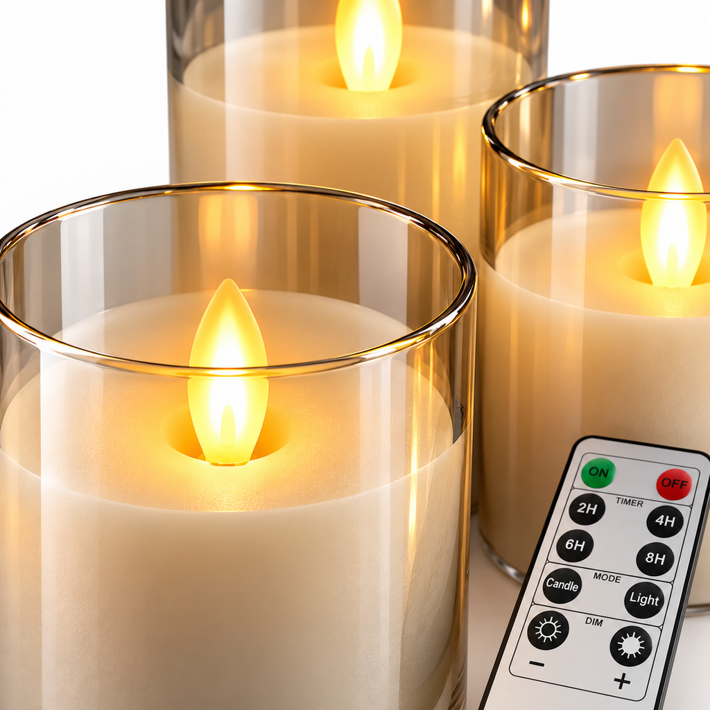 Ensemble de 3 Bougies LED - Bougies en Verre Galvanisé à Piles avec Télécommande