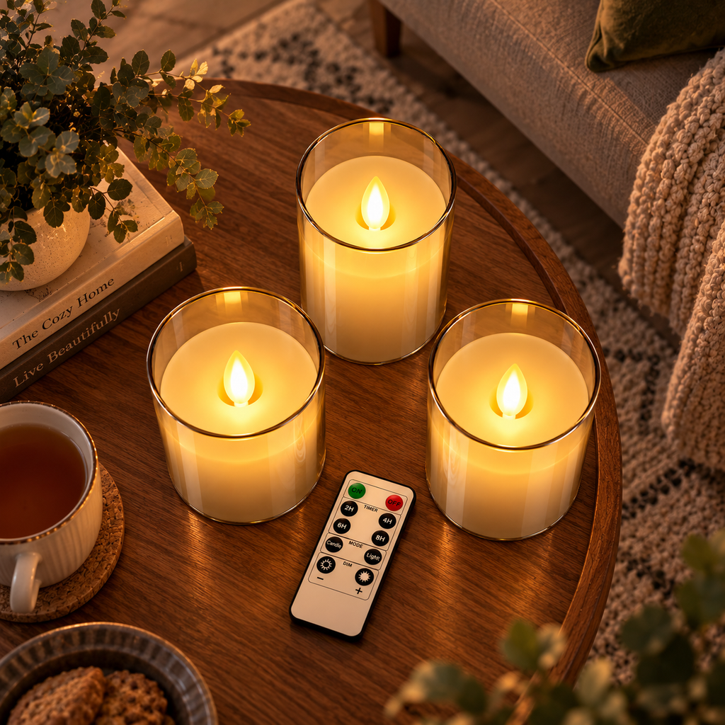 Ensemble de 3 Bougies LED - Bougies en Verre Galvanisé à Piles avec Télécommande