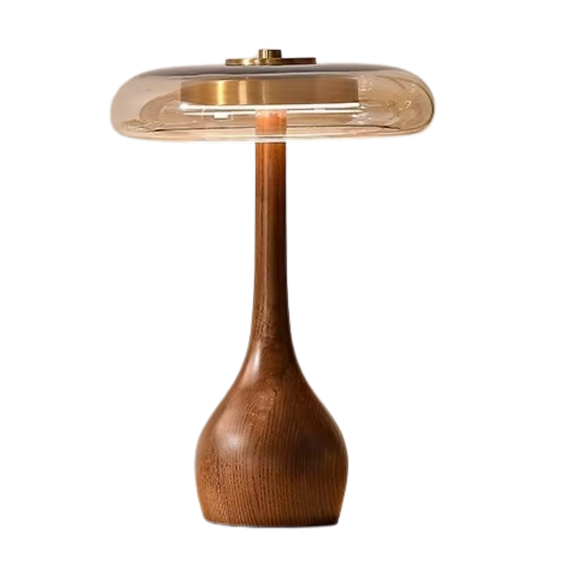 Lampe de Table Style Rétro Champignon – Abat-jour en Verre avec Base en Bois