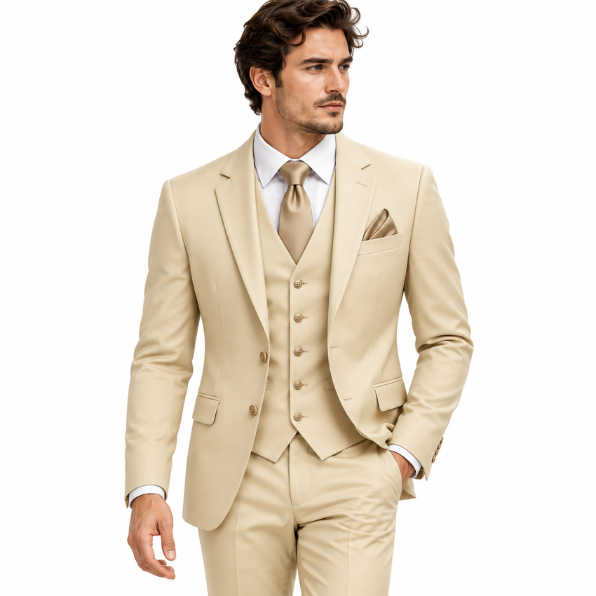Costume Slim Fit Homme Trois Pièces - Veste, Gilet et Pantalon à Revers Fins