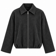 Veste Bomber Courte Aspect Velours pour Femme - Coupe Ample, Col Pointu, Zip Frontal et Bas Froncé